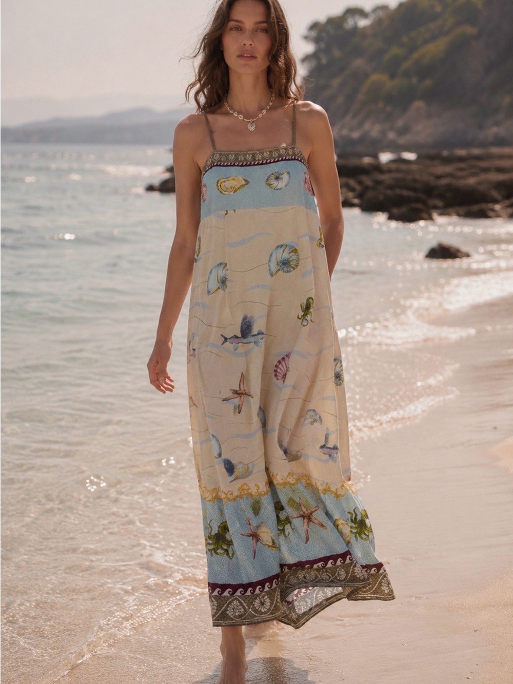 Caroline Constas Seashell Print Maxi Dress - Beige & Light Blue